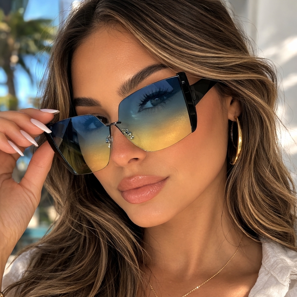 Spexx Oversized Rimless Gradient Fashion Y2K Sunglasses Blue Yellow Shield NWT